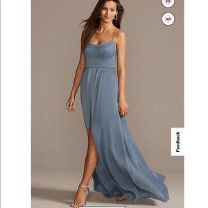David’s Bridal Crepe-Back Satin Spaghetti Strap Dress in Steel Blue